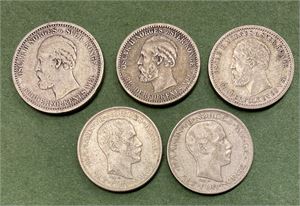 Lot 5 stk. 1 krone 1889, 50 øre 1901, 1902, 1911 og 1912