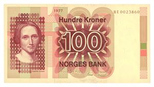 100 kroner 1977. HE0023860. Erstatningsseddel/replacement note