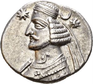 KINGS of PARTHIA. Orodes II (57-38 BC). AR drachm (3,96 g). Ekbatana mint. Diademed and draped bust of Orodes II to left, star before, crescent and star behind / Archer (Arsakes I) seated right on throne, holding bow; anchor behind throne; monogram below bow. Good metal quality. Lightly toned.