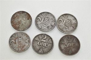 Lott 6 stk. 2 øre 1918 jern