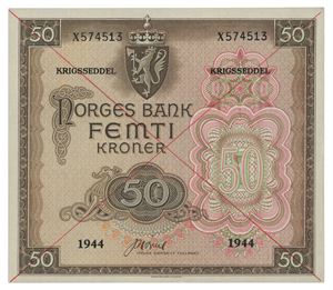 50 kroner 1944. X574513. Kansellert med rødt kryss på begge sider