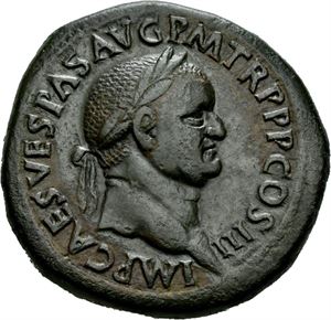 Vespasian 69-79, Æ sestertius, Roma 71 e.Kr. R: Mars gående mot høyre