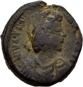 Justinian I 527-565, Æ decanummium, Carthago år 14 (4,94 g). Diademed, draped and cuired bust right/Large I