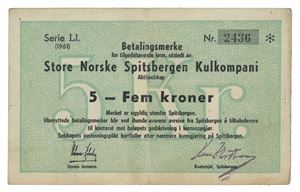 5 kroner 1961. Serie Ll. Nr.2436. RR. Limrester/spots of glue