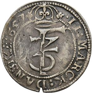 FREDERIK III 1648-1670. 2 mark 1657. Pregesprekk/striking crack. S.41