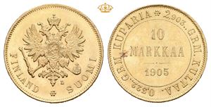 Nikolai II, 10 markkaa 1905. Flekker på revers/spots on reverse