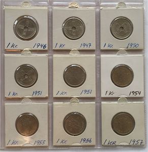 Lot 9 stk. 1 krone 1946-1957. Alle forskjellige