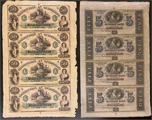 Louisiana, New Orleans. Lott 2 stk. udelte ark med 4 stk. 5 dollar og 4 stk. 50 dollar ND (1850/60-tallet) fra "Citizens' Bank". Blanketter/remainders