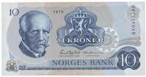10 kroner 1975. QV0475380. Erstatningsseddel/replacement note