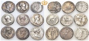Lot of nine AR Denarii from Trajan and Hadrian