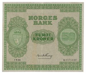 Norway. 50 kroner 1948. B1575440. Liten fuktflekk/small moisture stain