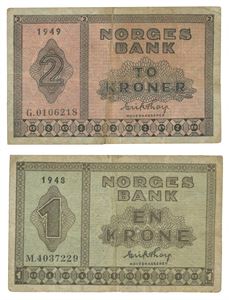 Lot 2 stk. 2 kroner 1949 G og 1 krone 1948 M