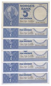 Lot 6 stk. 5 kroner 1957 E, 1960 H (2) og 1962 J (3)