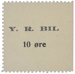 Y. R. Bil. 10 øre hvit. Perforert på 3 sider.