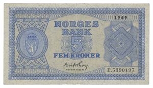 Norway. 5 kroner 1949. E5390197. Små margrifter og presset/minor margin tears and ironed