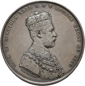 Sverige. Karl XV, kastpenning til kroningen 1860. Ahlborn. Sølv. 40 mm