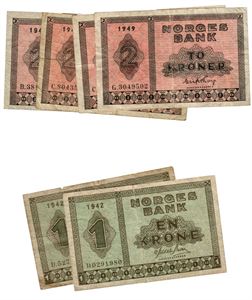 Lot 6 stk. 2 kroner 1942 B, 1944 C (2), 1949 G, 1 krone 1942 D (2)
