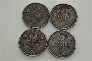 Lott 4 stk. 5 øre 1945. Rustflekker