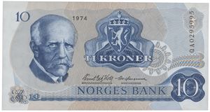 10 kroner 1974. QA0295995. Erstatningsseddel.