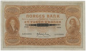 1000 kroner 1945. A.0122081. Presset/ironed