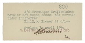 Bremanger Kraftselskab, Svelgen, 10 kroner 30.april 1940. Nr.890. Strek på baksiden/line on reverse