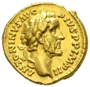 ANTONINUS PIUS 138-161, aureus, Roma 156-157 e.Kr. (t,20 g). R: Victoria gående mot venstre