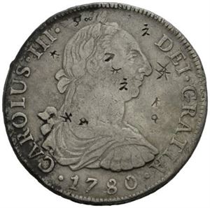Carl III, 8 reales 1780 MI. Chopmarks