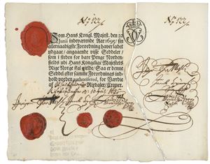 50 rixdaler/croner 1695. No. 122/a med tilhørende talong. Blekketsing ved en signatur/ink etching of a signature