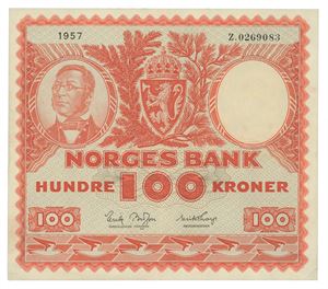 100 kroner 1957. Z0269083. Erstatningsseddel/replacement note. R.